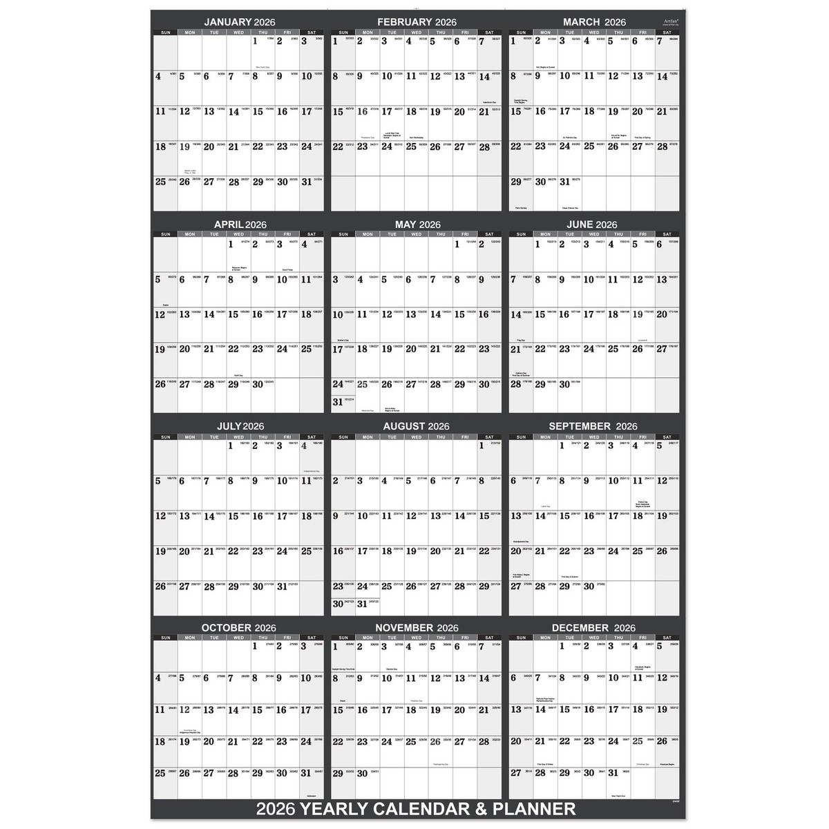 2026 Yearly Wall Calendar 2026 Wall Calendar With Julian Date 
