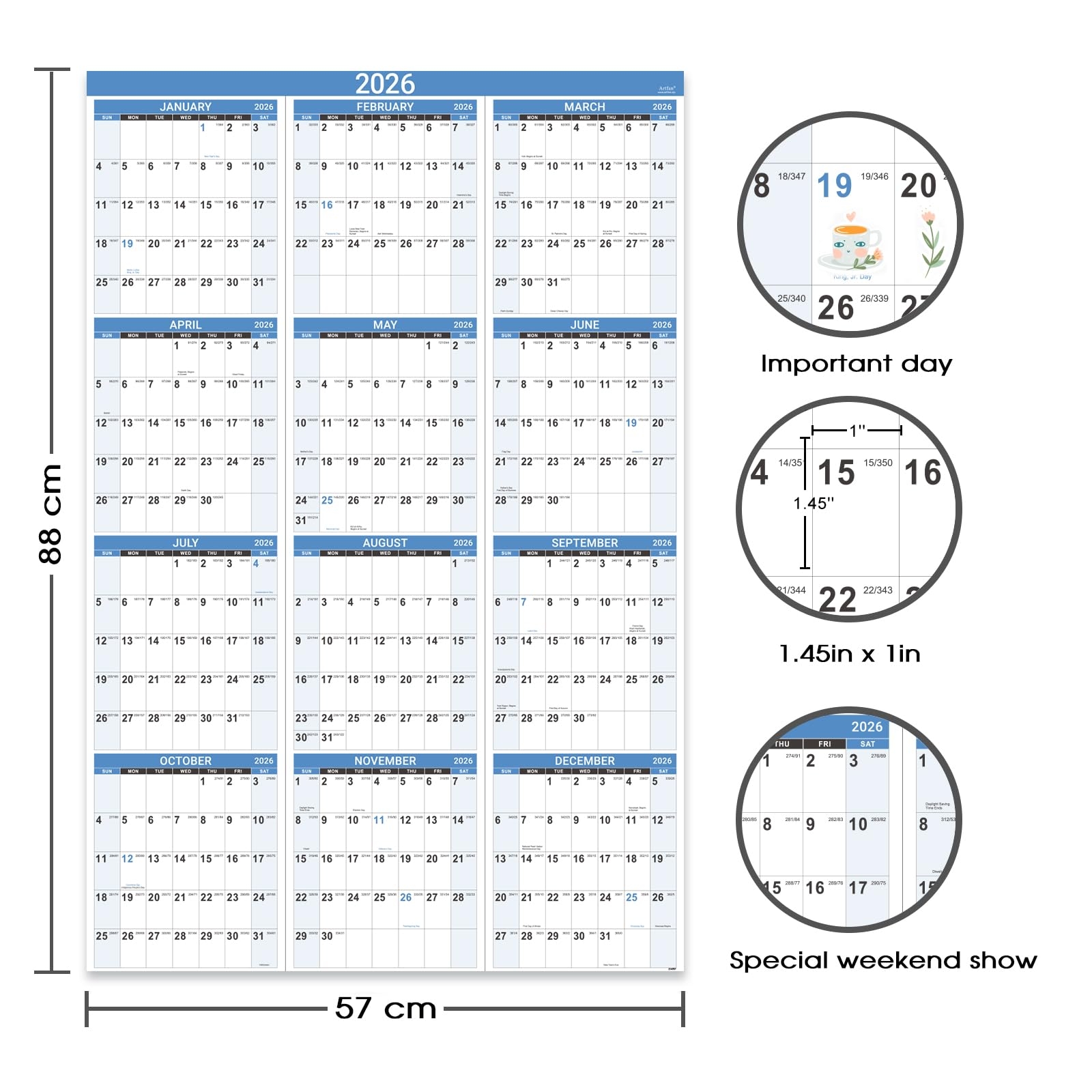 2026 Yearly Wall Calendar 2026 Wall Calendar With Julian Date Jan 2026 Dec 2026 One Page For Organizing Premium Thick Paper Vertical Gift 