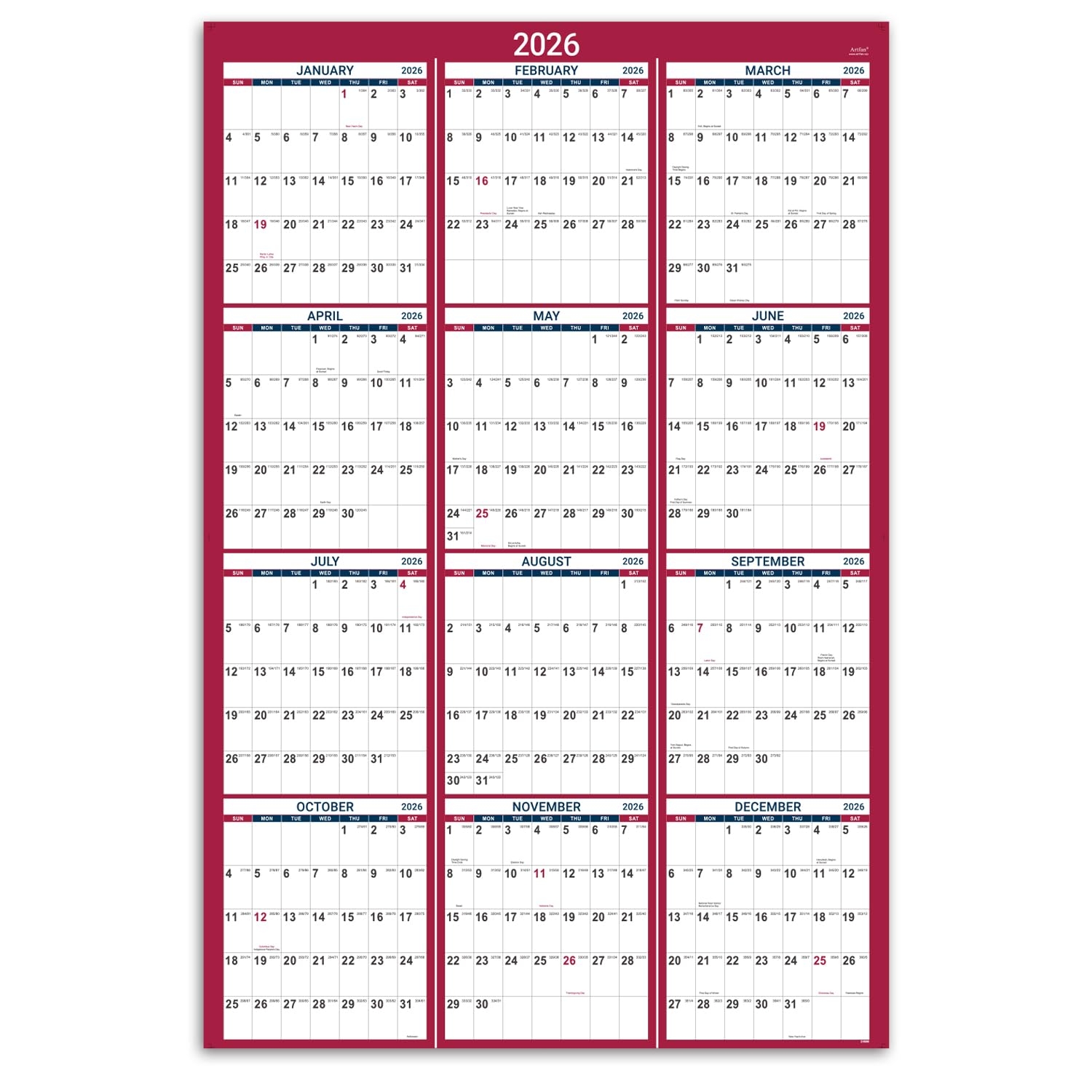 2026 Yearly Wall Calendar 2026 Wall Calendar With Julian Date Jan 2026 Dec 2026 One Page For Organizing Premium Thick Paper Vertical Gift 