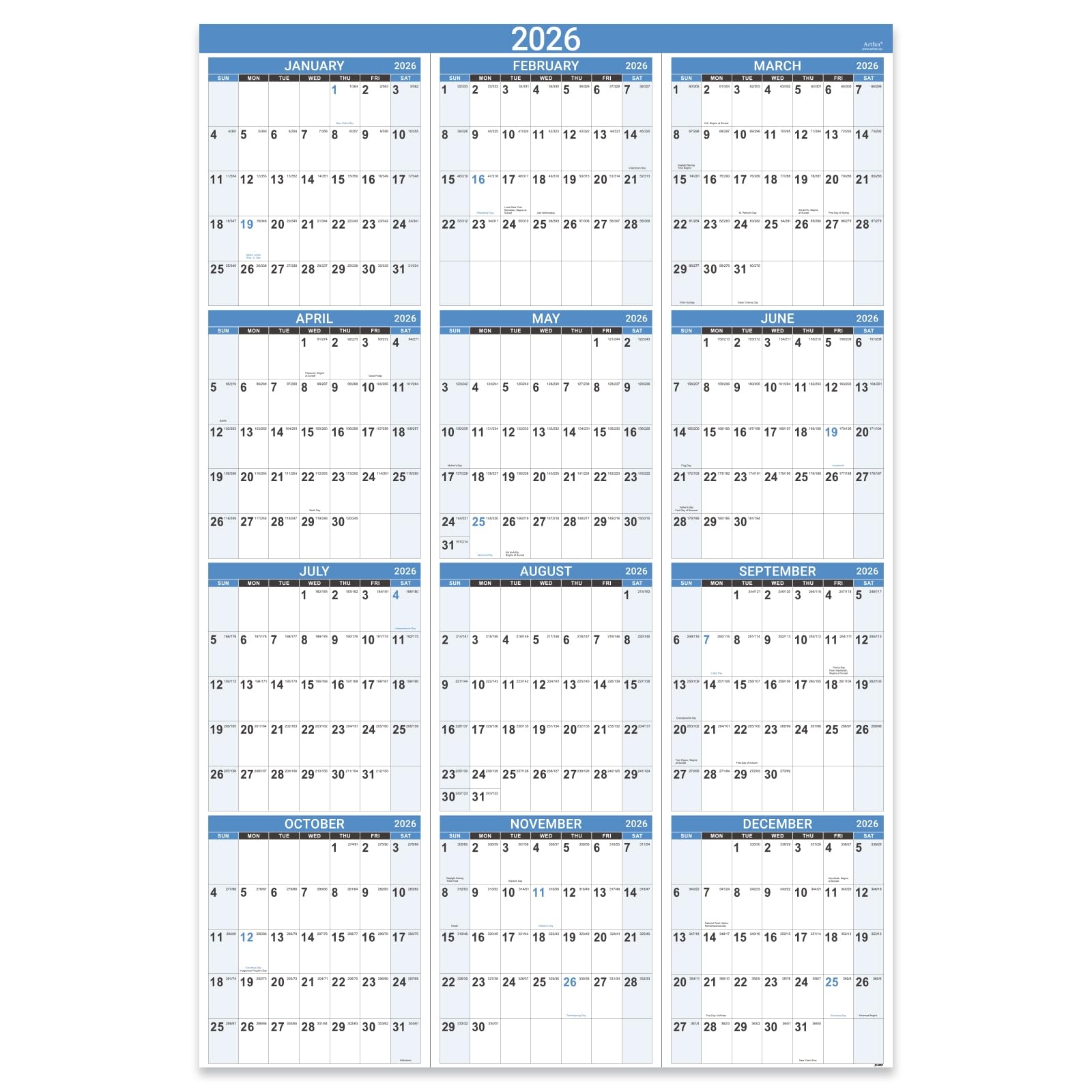 2026 Yearly Wall Calendar 2026 Wall Calendar With Julian Date Jan 2026 Dec 2026 One Page For Organizing Premium Thick Paper Vertical Gift 