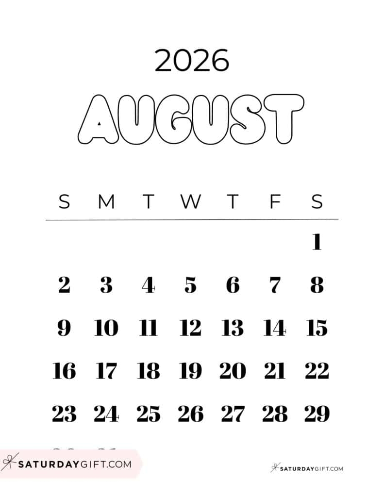 Julian Calendar For August 2026