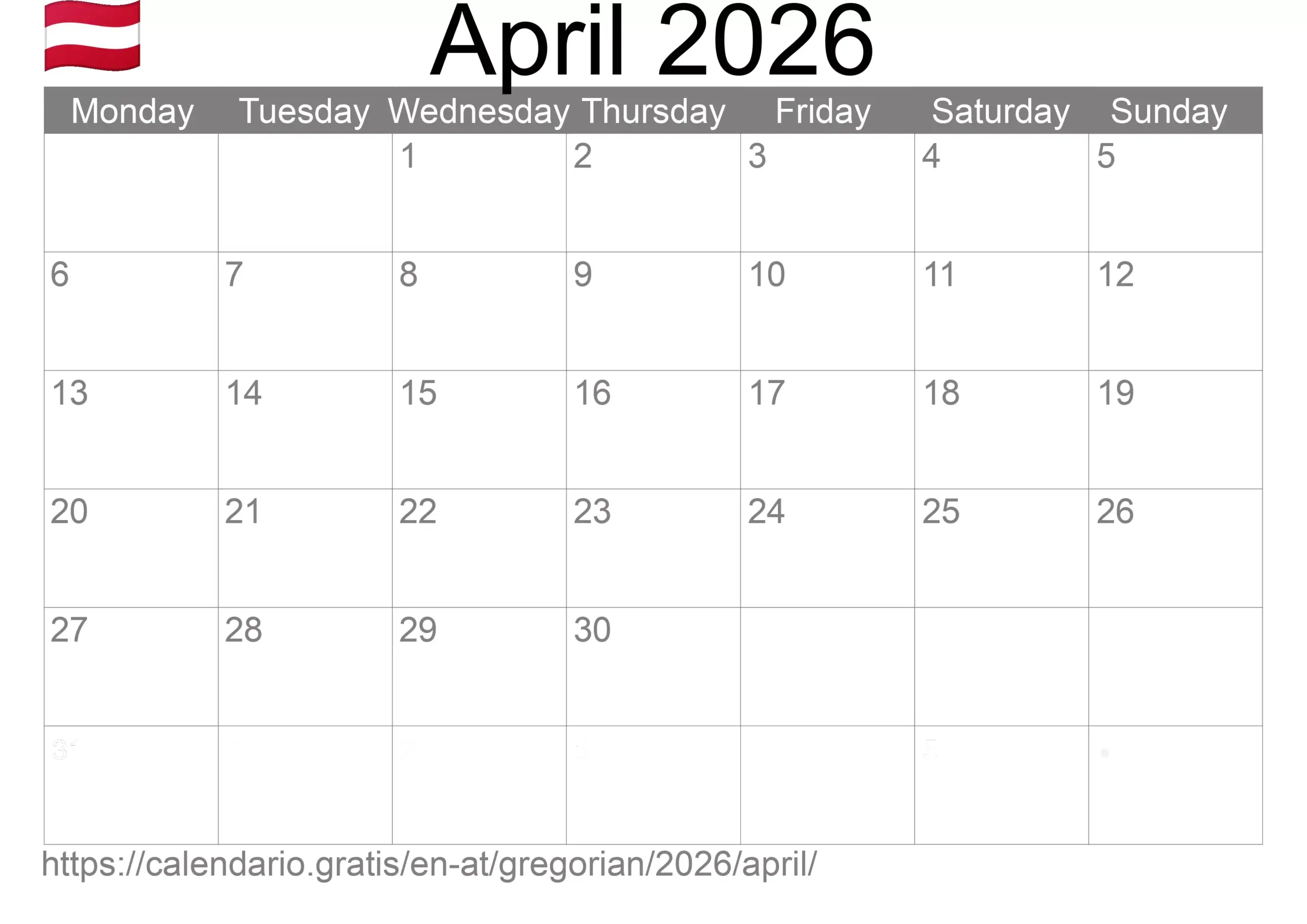 Calendar April 2026 From Austria In English Holidays And Moon Phase Calendar April 2026 From Austria In English Holidays And Moon Phase
