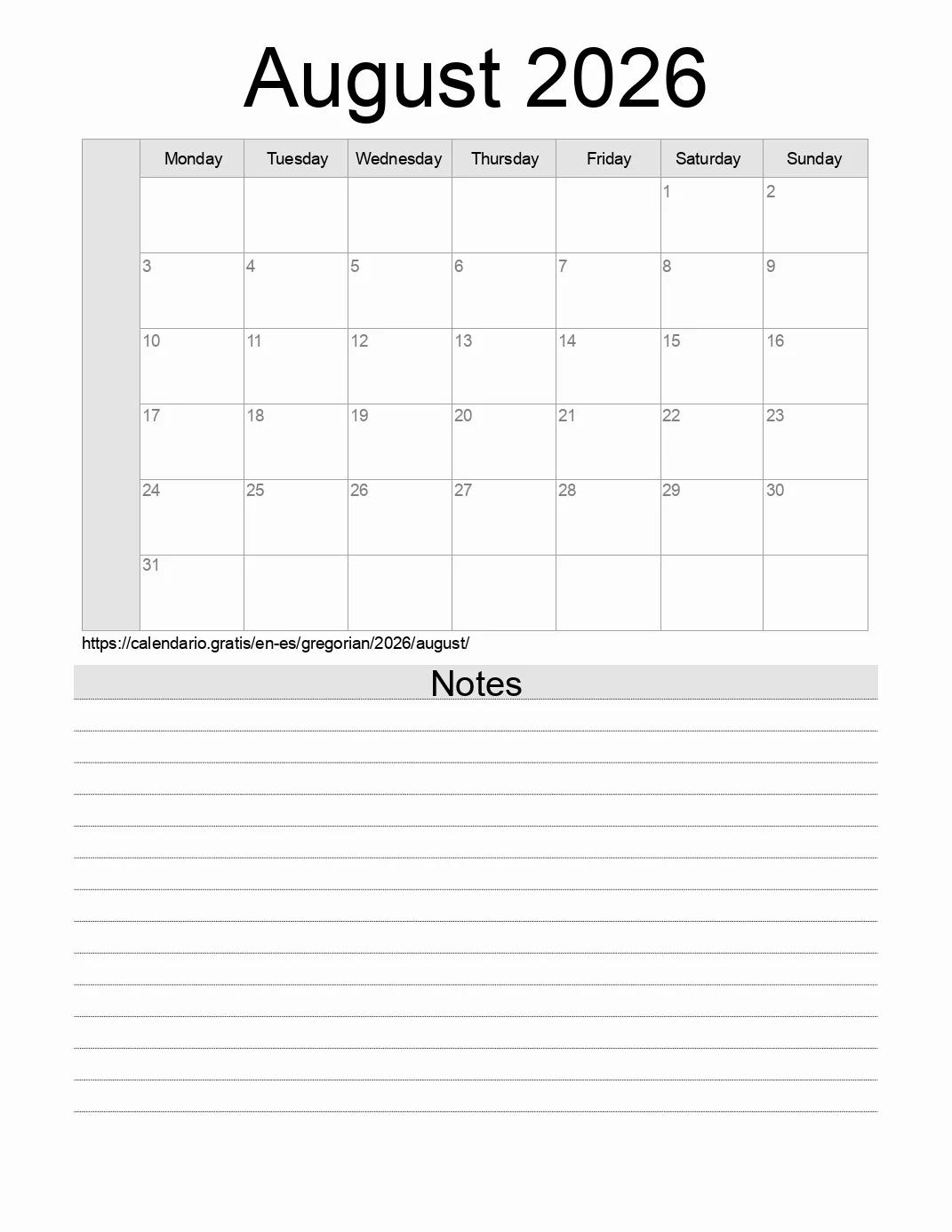 Calendar August 2026 From Spain In English Holidays And Moon Phase