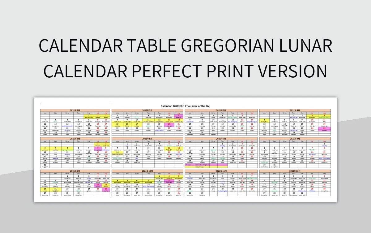 Calendar Table Gregorian Lunar Calendar Perfect Print Version 
