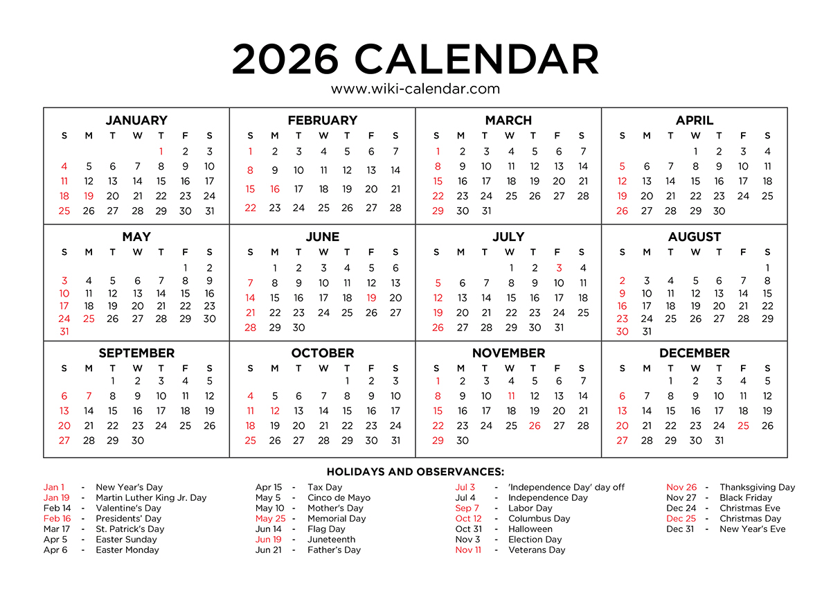 Gregorian Calendar 2026 Holidays