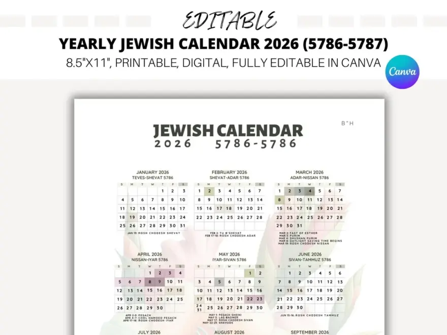 EDITABLE Yearly Jewish Calendar 2026 Jewish Holidays Canva