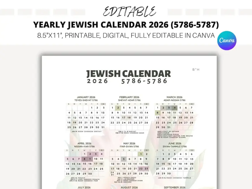 EDITABLE Yearly Jewish Calendar 2026 Jewish Holidays Canva