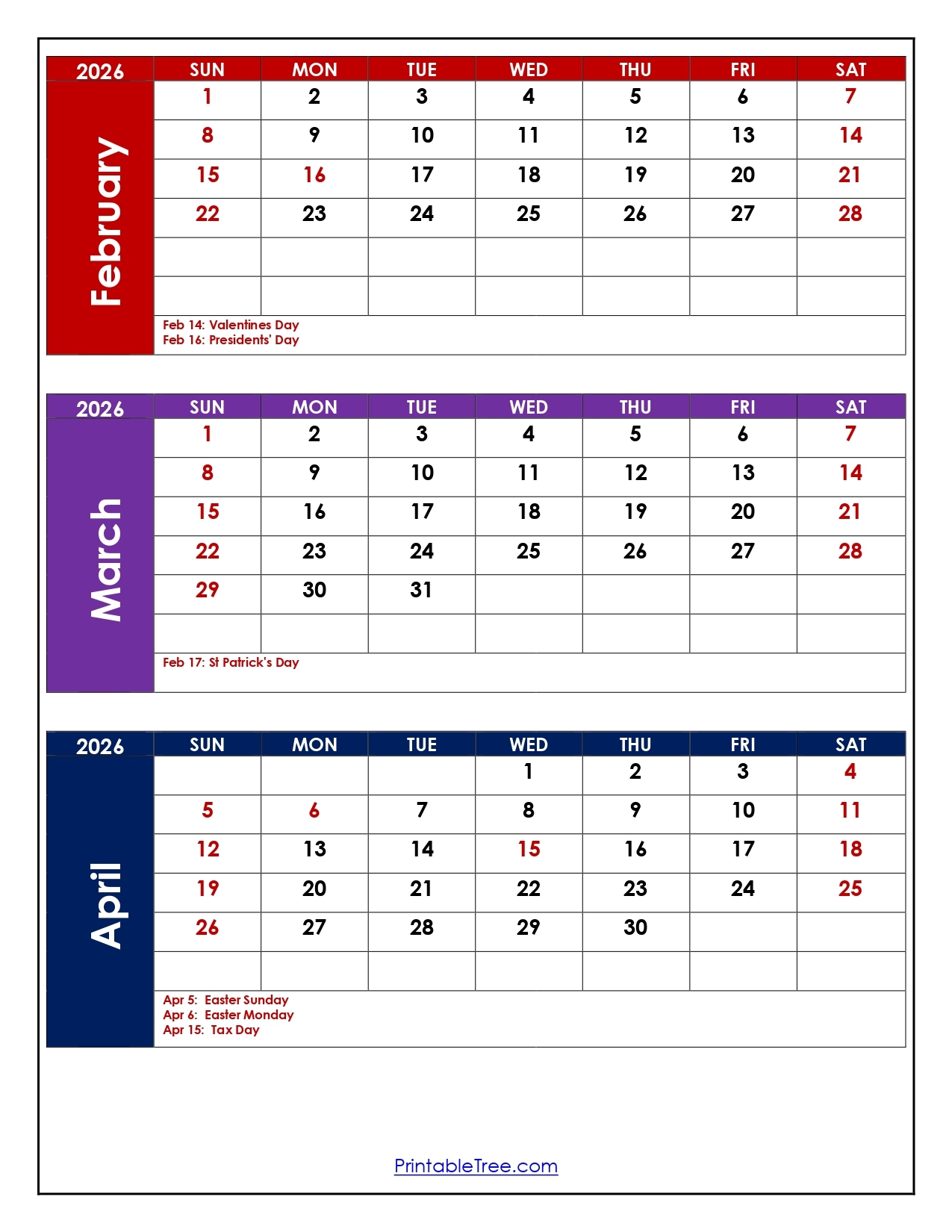 February To April 2026 Calendar Three Month Calendar