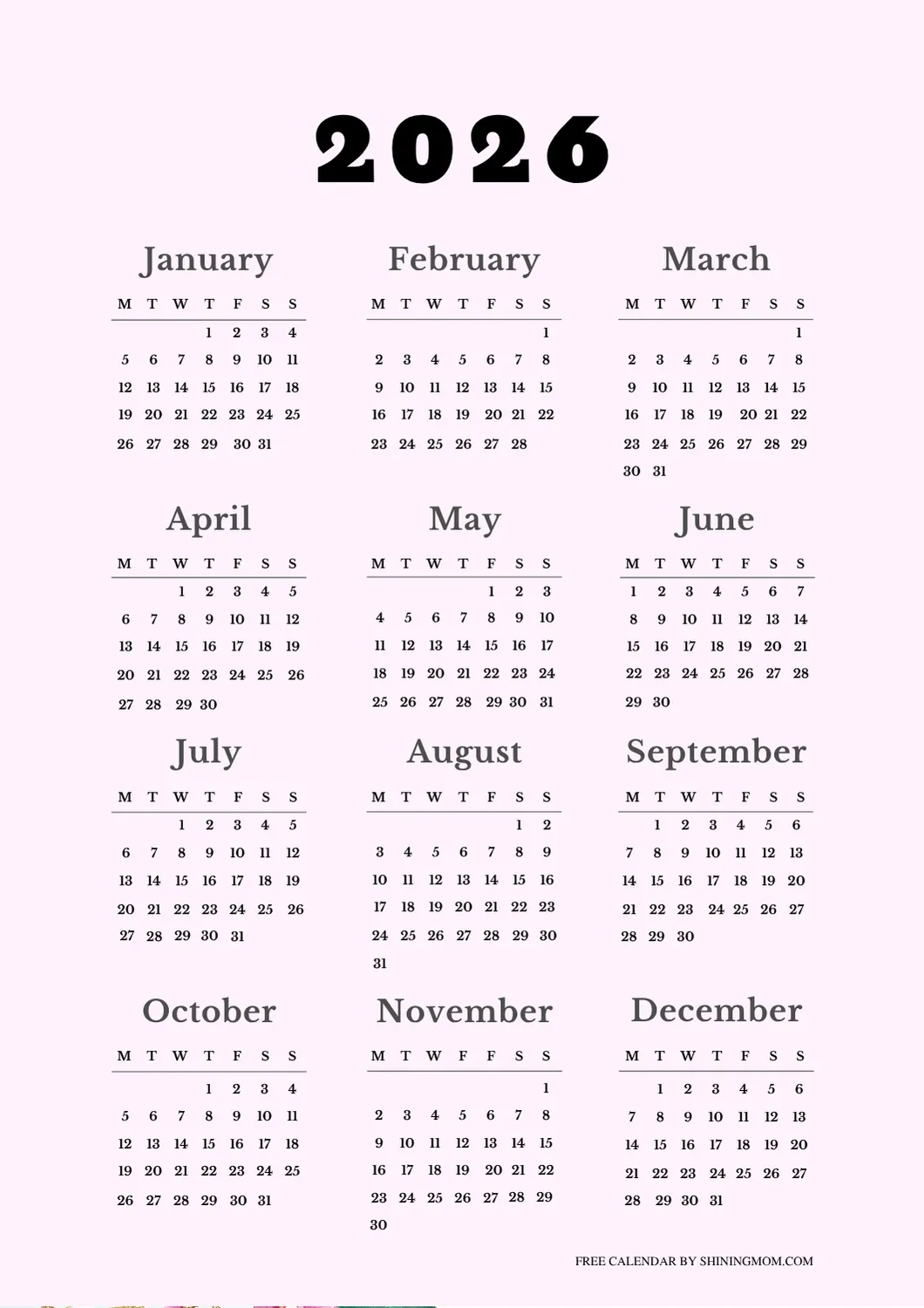 Gregorian Calendar Chart 2026