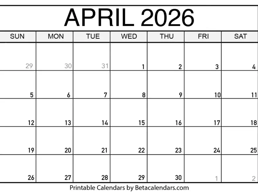 Free Printable April 2026 Calendar