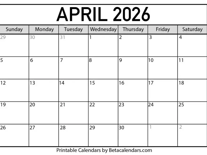 Free Printable April 2026 Calendar