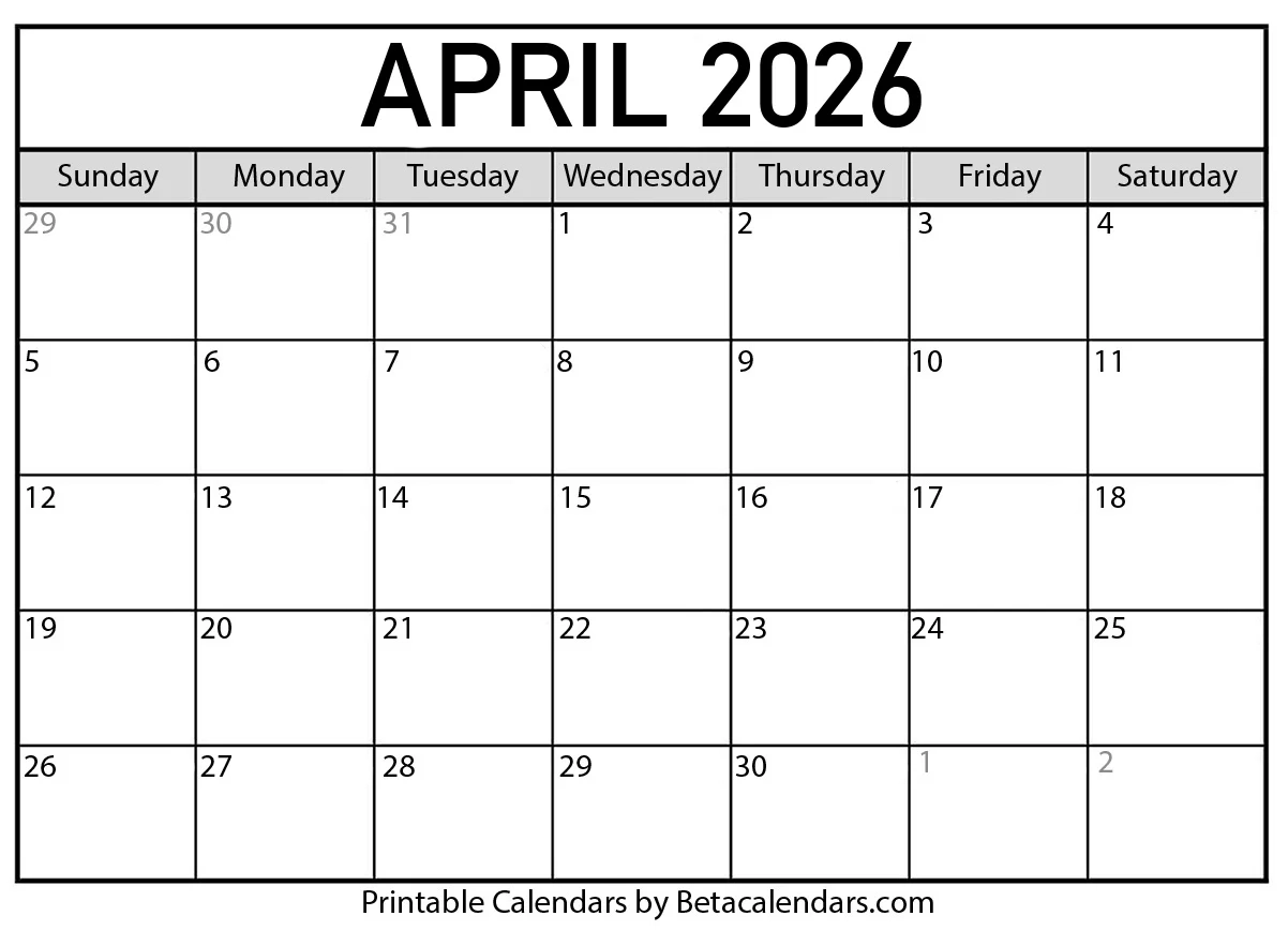 Free Printable April 2026 Calendar Free Printable April 2026 Calendar