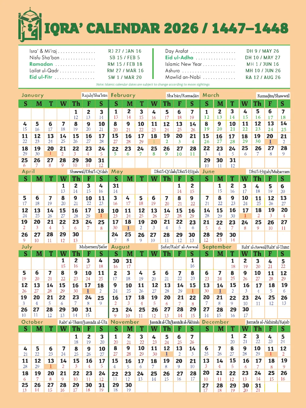 IQRA Islamic Dates Calendar 2026 1447 1448 H Best Price In 