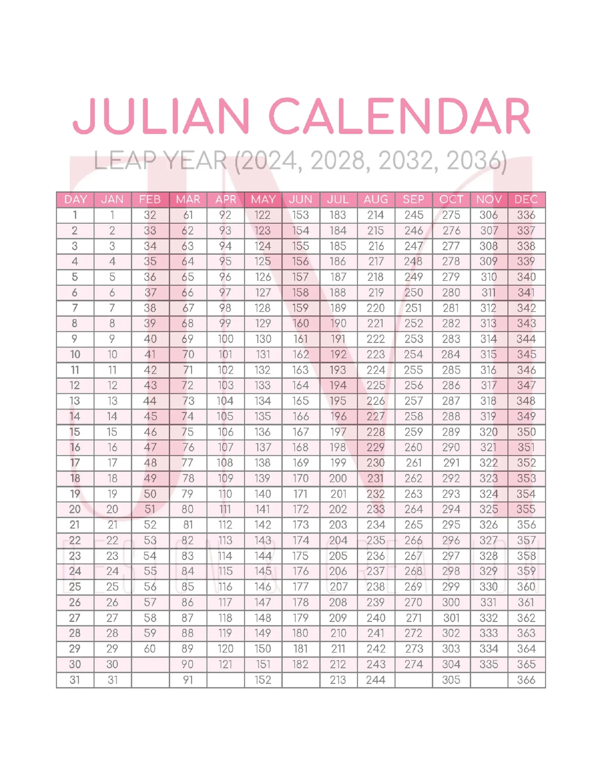 Julian Calendar 2026 Printable