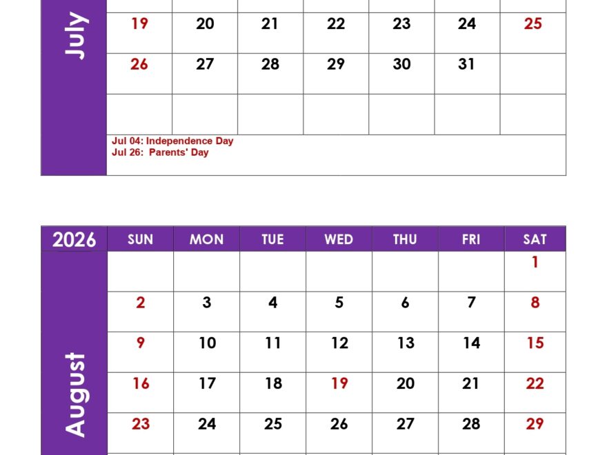 July And August 2026 Calendar Printable PDF 2 Month Calendar