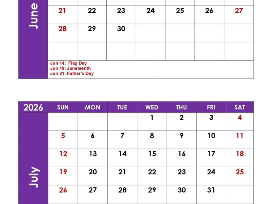 June And July 2026 Calendar Printable PDF 2 Month Calendar Template