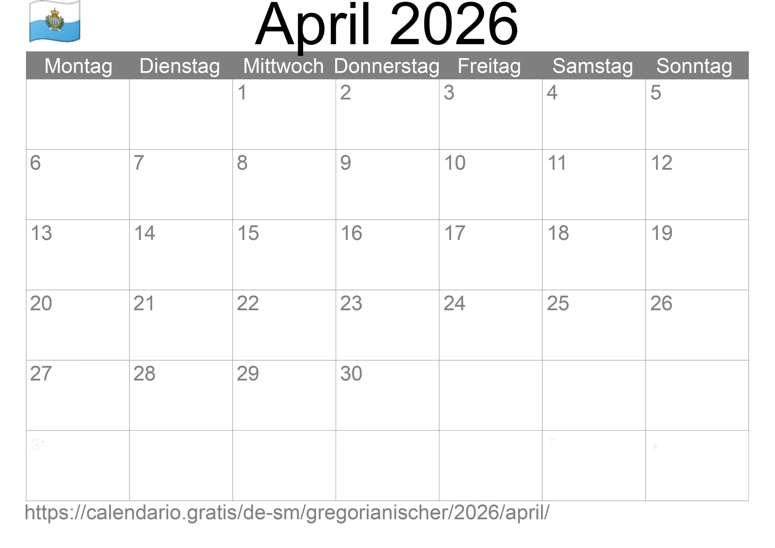 Kalender April 2026 Von San Marino Auf Deutsch Feiertage Und 