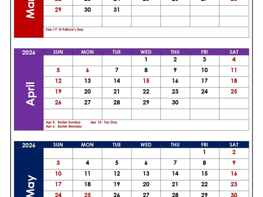 March To May 2026 Calendar Three Month Calendar
