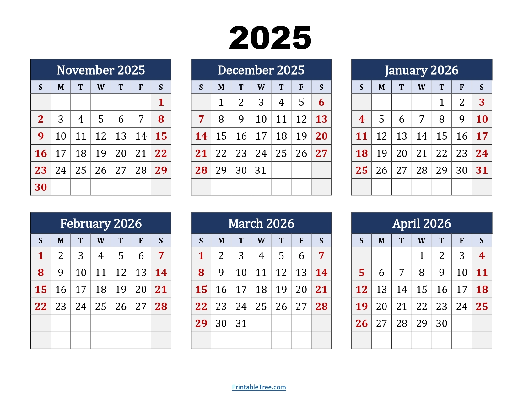 November To April 2026 Calendar Printable PDF Six Months Calendar