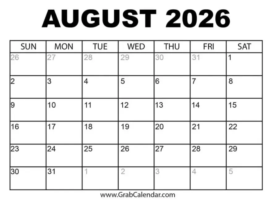 Printable August 2026 Calendar