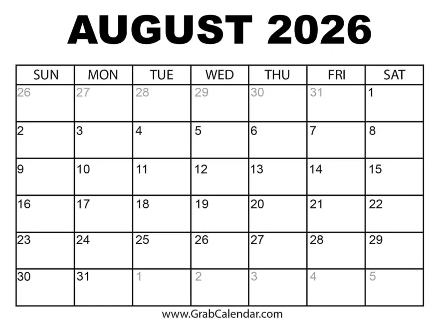 Printable August 2026 Calendar