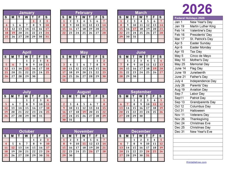 Printable Calendar 2026 One Page With Holidays Single Page 2026
