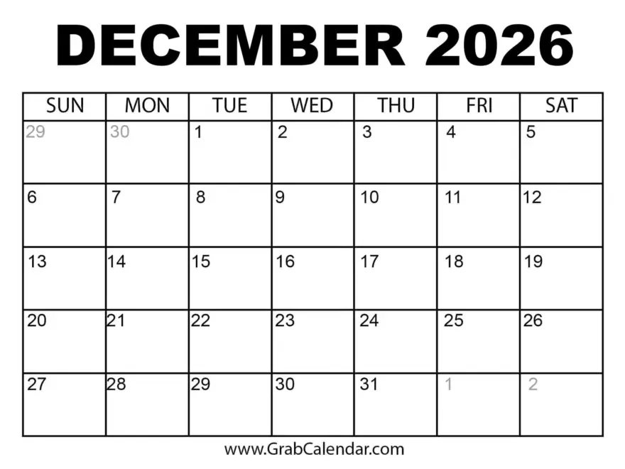 Printable December 2026 Calendar