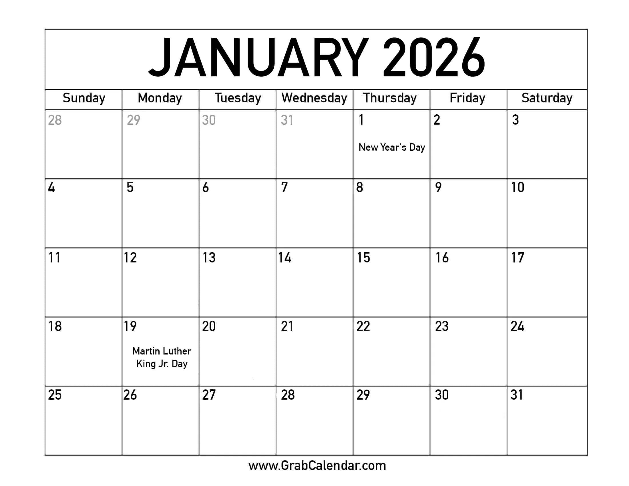 2026 Gregorian Calendar With Holidays