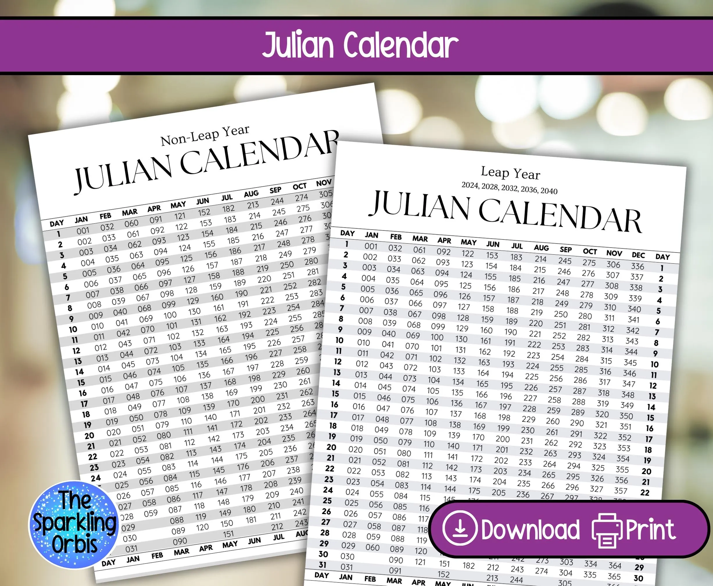 Printable Julian Calendar Leap Year amp Non leap Year digital 