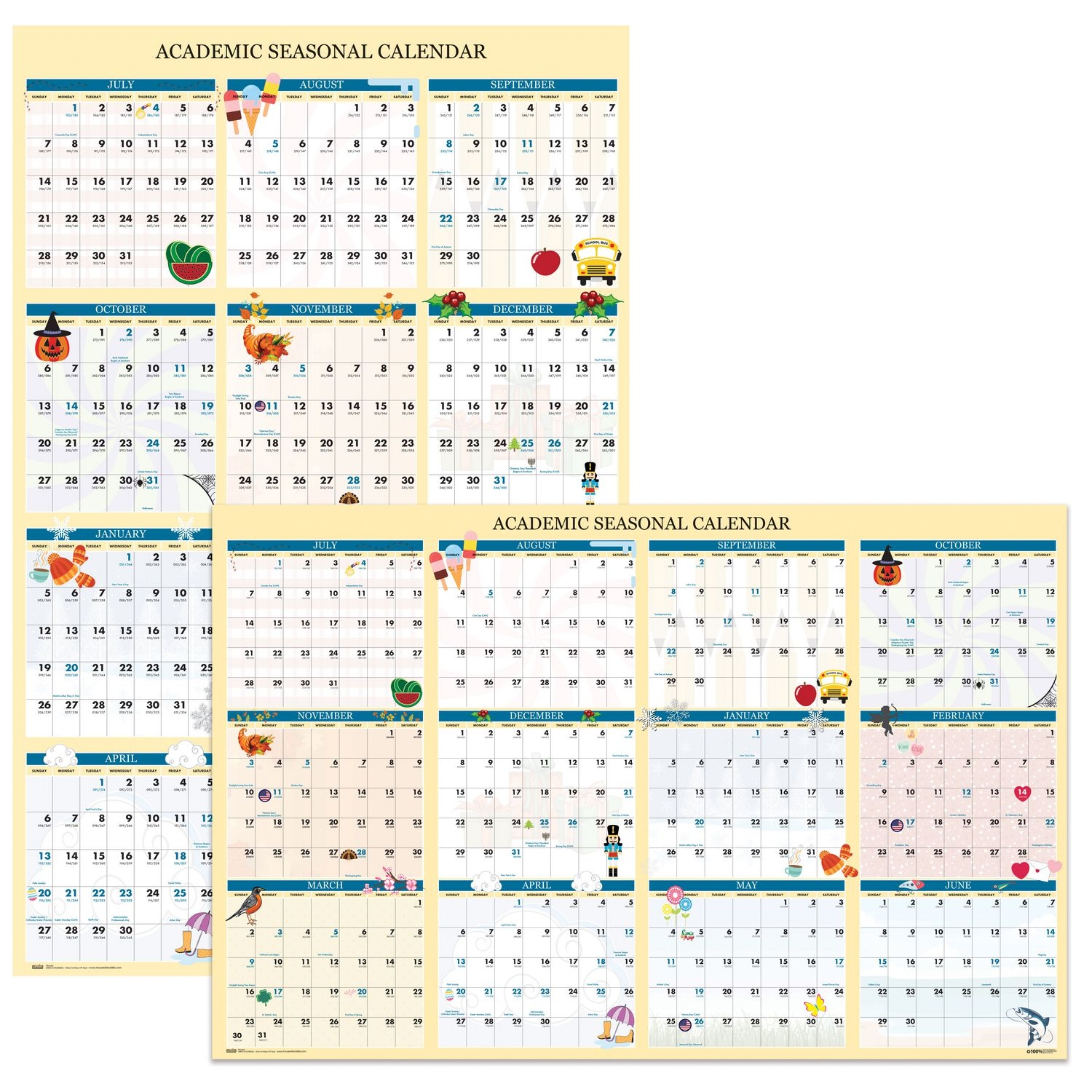 Recycled Academic Seasonal Laminated Wall Calendar Illustrated Seasons 24 X 37 12 Month July To June 2025 To 2026