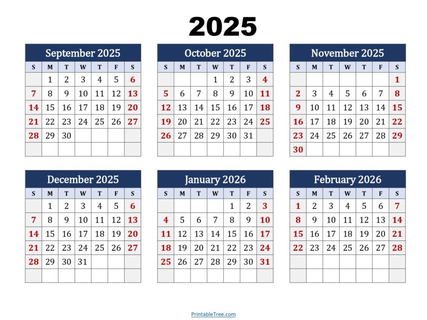 September To February 2026 Calendar Printable PDF Six Months