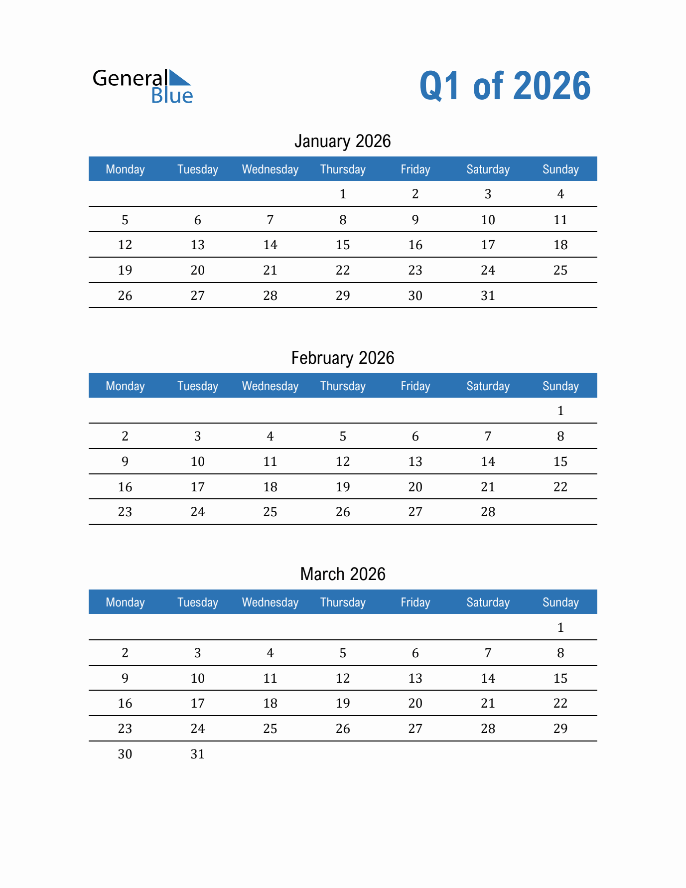 Three Month Calendar Template Quarter 1 Of 2026
