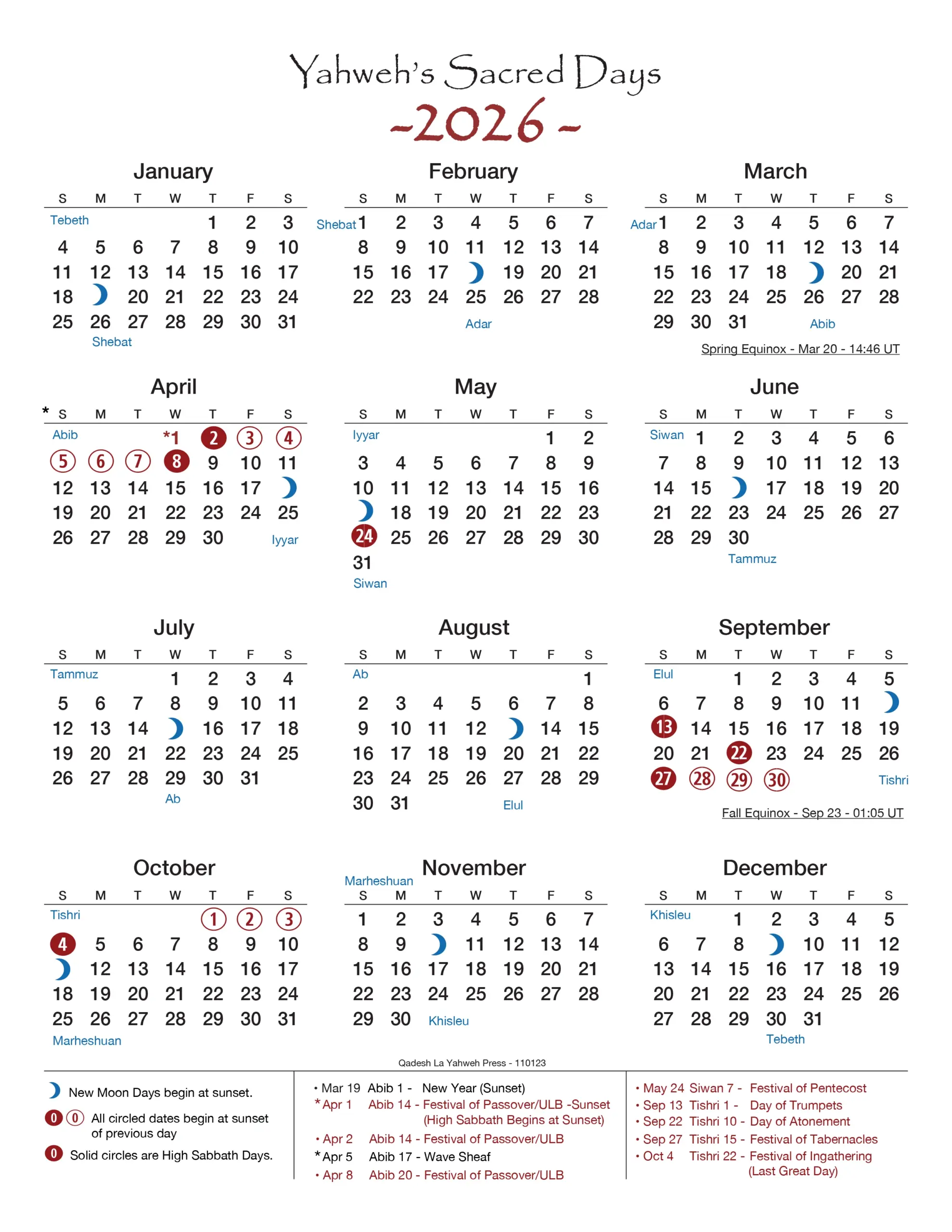 Yahweh Sacred Days Calendar 2026 Yahu Ranger Report